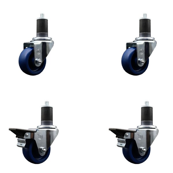 3'' Solid Poly Wheel Swivel 1-5/8'' Expanding Stem Caster Set 2 Brakes, 4PK
